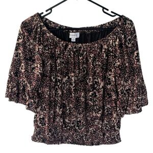 EVEREVE WOMENS FLORAL OFF THE SHOULDER BLOUSE SMOCKED WAIST SIZE LARGE